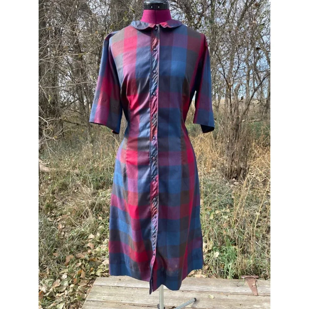 Vintage 1970s Button Front Shirt Dress Plaid Hob Nobber Size Large - Picture 3 of 15